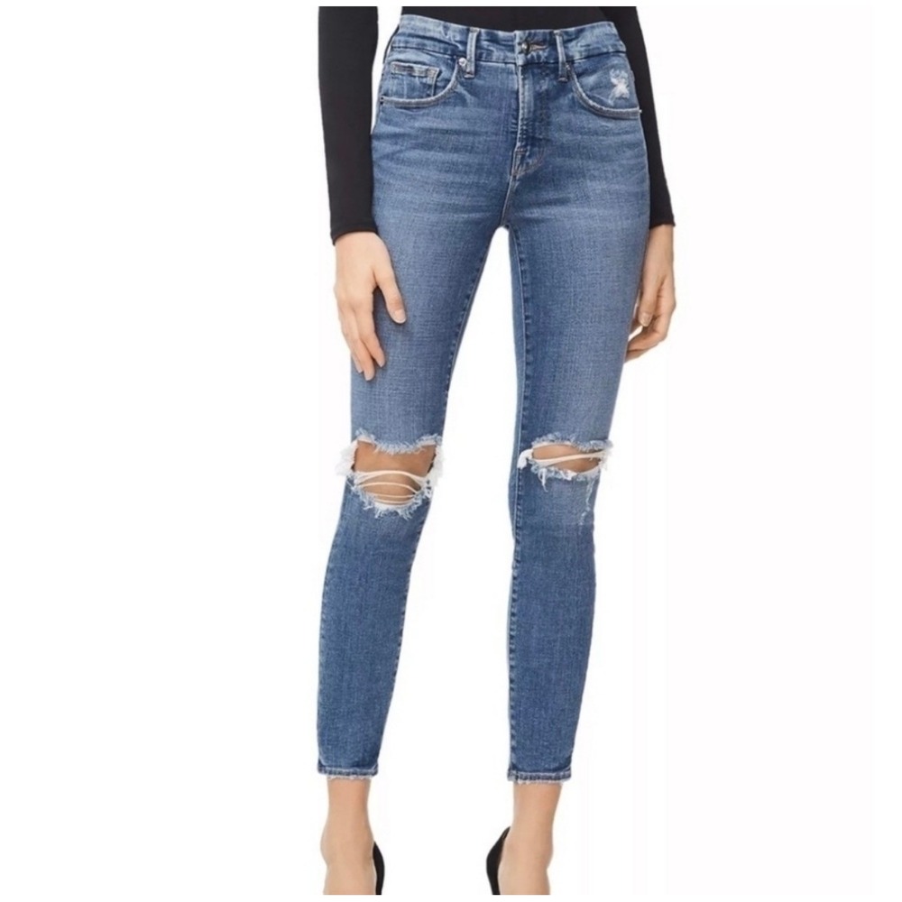 Good American Jeans 6 28 Good Legs High Waisted Ripped Crop Blue261 Distressed